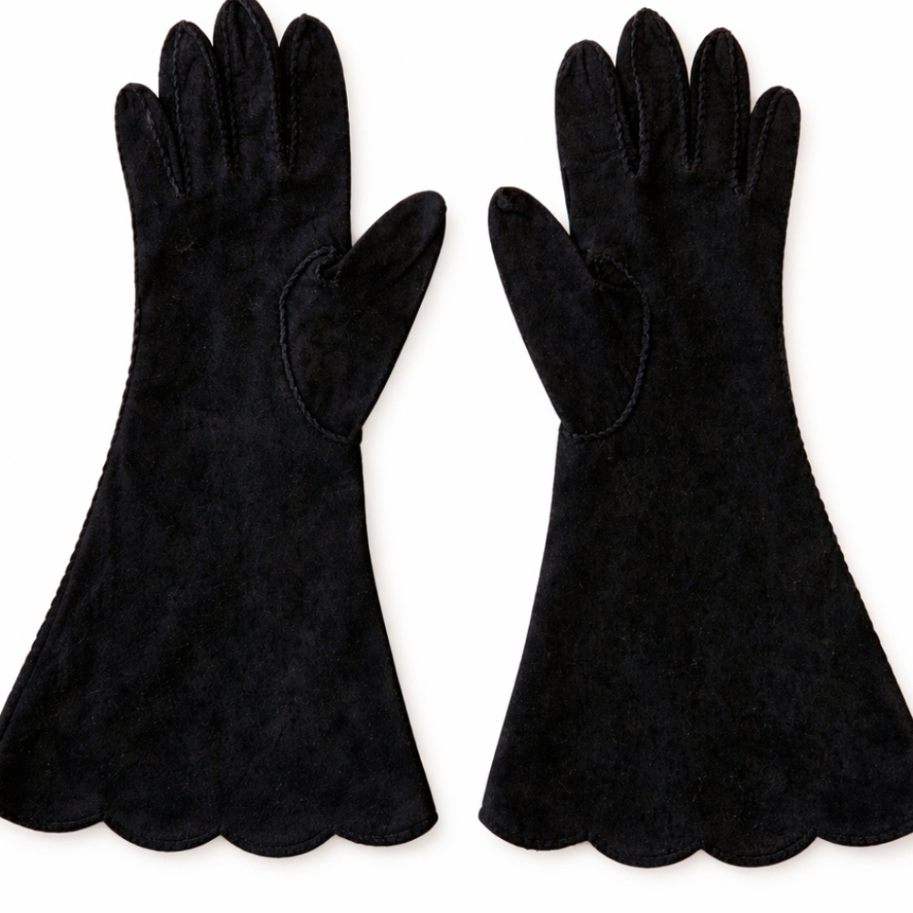Vintage Juliette Black Suede Opera Gloves Scalloped Edge Formal Evening 6.5 - Picture 1 of 11